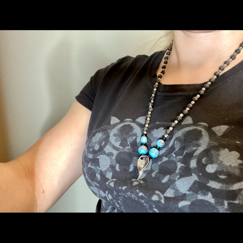 Lava Rock Necklace, Crow Pendant, Homemade, Beaded
